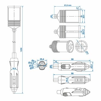 Verlengkabel 1M met USB lader 2-weg type A 12V/24V in blister