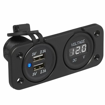 Inbouw kit: voltmeter 6-30V + USB poort dubbel type A 2x2100mA in blister