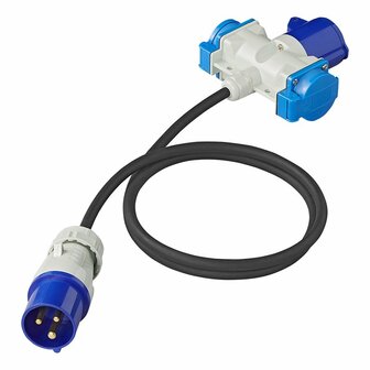 Verloopkabel 150cm 3x2,5mm&sup2; van CEE stekker naar 2xSchuko + 1xCEE stekkerdoos