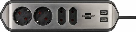 Hoekaansluitdoosstrook met usb laadfunctie 4-weg 2x b eschermend contactdoos &amp; 2x euro&nbsp;zilver zwart