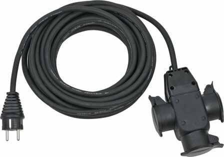 Bouwplaatsverlengkabel 10m H07RN-F3G1,5 zwart met 3-weg rubberen koppeling IP44