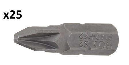Bit lengte 25 mm 6,3 mm (1/4) buitenzeskant kruiskop PZ2 x25 stuks