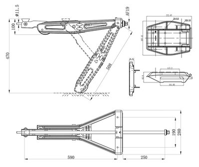 Caravanhoeksteun 1000kg 605x280mm H:470mm incl. stabilisatievoet en verlengd uitdraaimechanisme