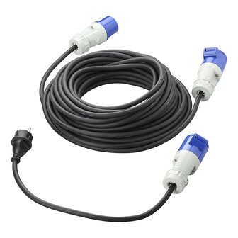 CEE set met verlengkabel 20M 3x2,5mm en verloopkabel 40cm van Schuko stekker naar CEE in opbergtas