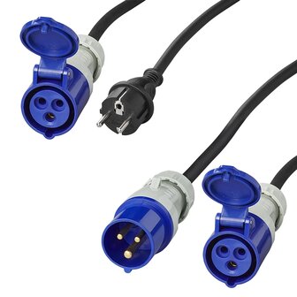 CEE set met verlengkabel 20M 3x2,5mm en verloopkabel 40cm van Schuko stekker naar CEE in opbergtas