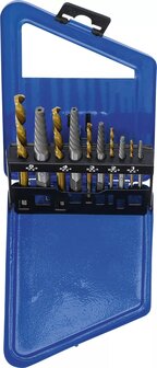 Schroevenuitdraai- en linkssnijdende borenset HSS titaniumnitraat-behandeling 2 - 7,5 mm 10-dlg
