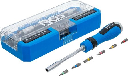 Schroevendraaier-bitset met draaigreep en ratelfunctie omschakelbaar 43-delige
