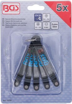 Speciale bitschroevendraaier extra plat Sleufkop SL kruiskop PH en PZ T-profiel (voor Torx) 5-dlg