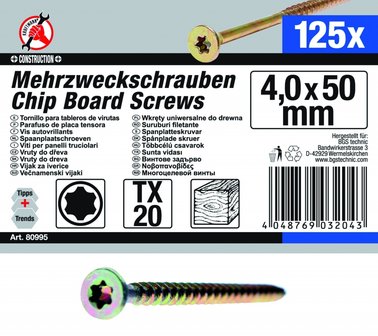 Spaanplaatschroeven, 4.0 x 50 mm, T20, 125 stuks