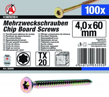 Multi-Purpose Schroeven, 4,0 x 60 mm, T20, 100 stuks