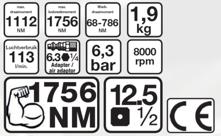 Lucht slagmoersleutel 12,5 mm (1/2) 1756 Nm