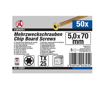 Multischroeven T-profiel (voor Torx) T25 5,0 x 70 mm 50 stuks