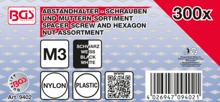 Bgs Technic Afstandhouderschroeven en assortiment zeskantmoeren Nylon 300-delig