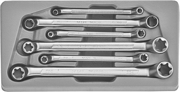 Dubbele ringsleutelset Torx 6 delig (75° gebogen)