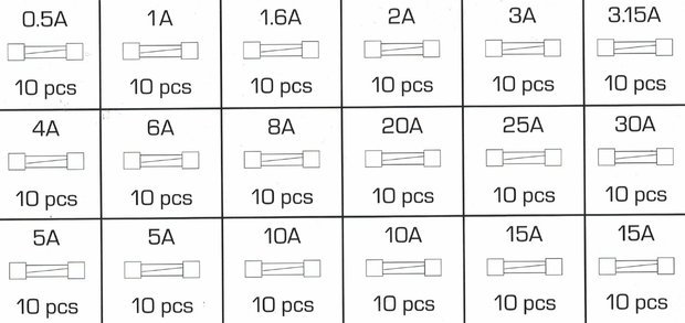 Sterling Assortiment Glaszekeringen 0,5A- 15A 180 stuks