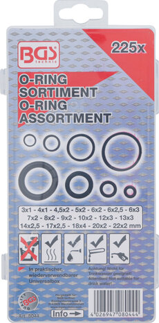 Assortiment O ringen, 225 delig, 3-22 mm 