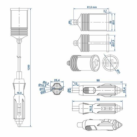 Verlengkabel 1M met USB lader 2-weg type A 12V/24V