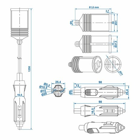 Verlengkabel 1M met USB lader 2-weg type A 12V/24V in blister