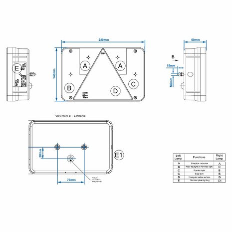 Achterlicht 6 functies 218x140mm links in blister