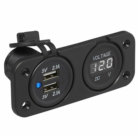 Inbouw kit: voltmeter 6-30V + USB poort dubbel type A 2x2100mA in blister