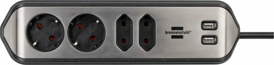 Hoekaansluitdoosstrook met usb laadfunctie 4-weg 2x b eschermend contactdoos & 2x euro zilver zwart
