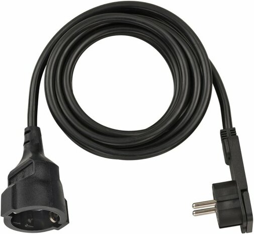 Kwaliteits kunststof verlengsnoer met platte stekker 3m H05VV-F3G1,5 zwart