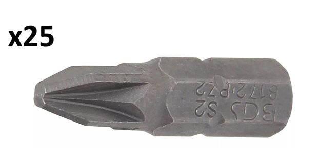 Bit lengte 25 mm 6,3 mm (1/4) buitenzeskant kruiskop PZ2 x25 stuks
