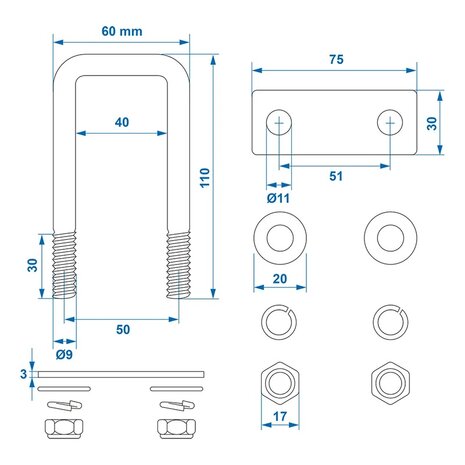 U-beugel 40mm hoekig - set van 2 stuks
