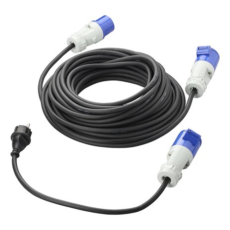 CEE set met verlengkabel 20M 3x2,5mm en verloopkabel 40cm van Schuko stekker naar CEE in opbergtas
