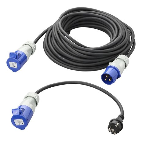 CEE set met verlengkabel 20M 3x1,5mm en verloopkabel 40cm van Schuko stekker naar CEE in opbergtas