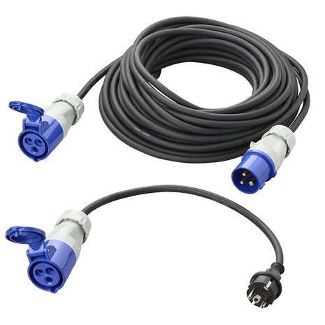 CEE set met verlengkabel 20M 3x1,5mm en verloopkabel 40cm van Schuko stekker naar CEE in opbergtas