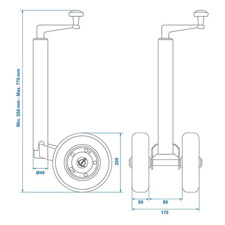 Dubbel neuswiel 48 mm met massief natuurrubberen banden 200 x 50 mm