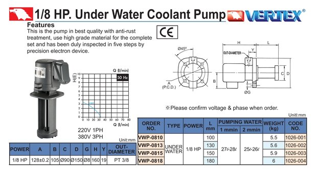 Onderwater koelpomp 130 mm 1/8 HP