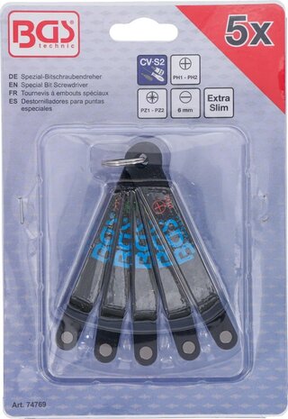 Speciale bitschroevendraaier extra plat Sleufkop SL kruiskop PH en PZ T-profiel (voor Torx) 5-dlg