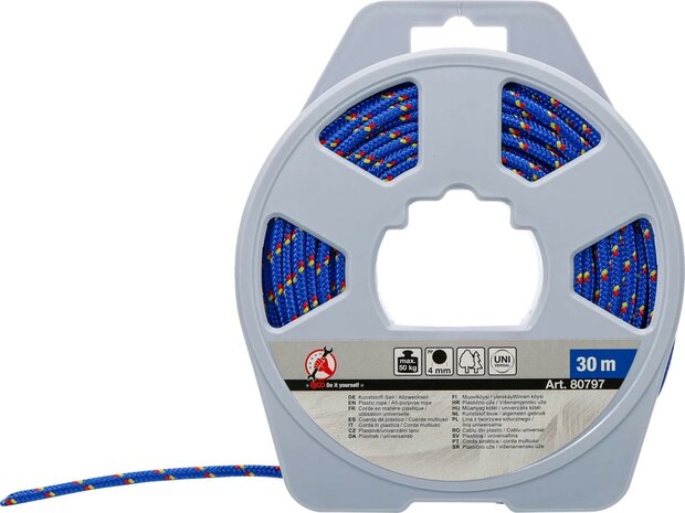 Kunststof touw / algemeen gebruik 4 mm x 20 m blauw / geel / rood