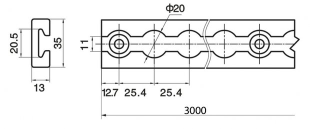 Rail in aluminium l.3000mm - plat