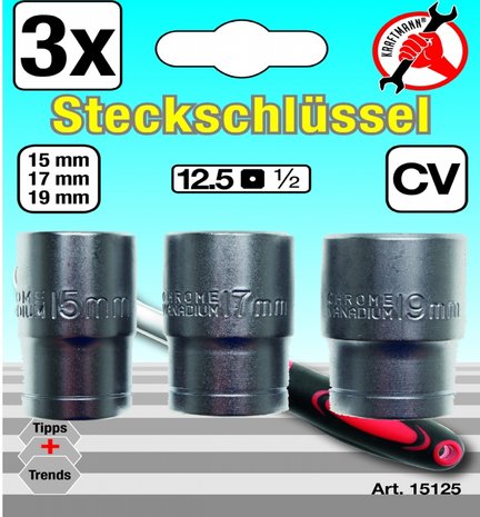 Dopsleutelset 12,5 mm (1/2) 15 / 17 / 19 mm 3-dlg