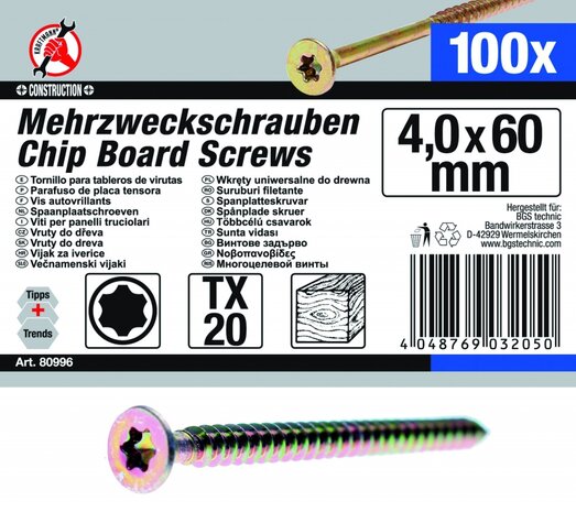 Multischroeven T-profiel (voor Torx) T20 4,0 x 60 mm 100 stuks