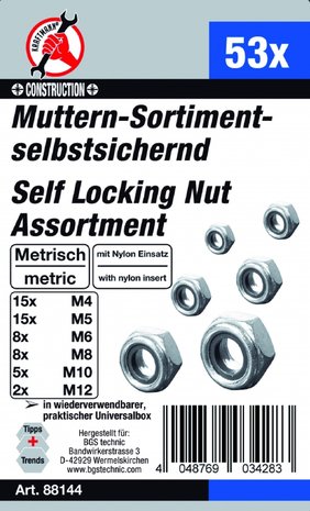 Assortiment moeren zelfborgend metrisch M4 - M12 53-dlg