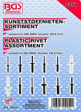 Bgs Technic Assortiment, klinknagels GM, BMW, Chrysler, VW & Ford, 235-delig