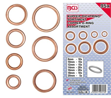 Bgs Technic 95-delige Copper O-Ring assortiment, diameter 6-20 mm