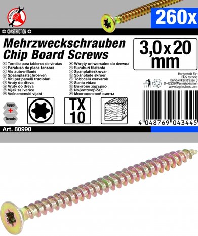 Multischroeven T-profiel (voor Torx) T10 3,0 x 20 mm 260 stuks