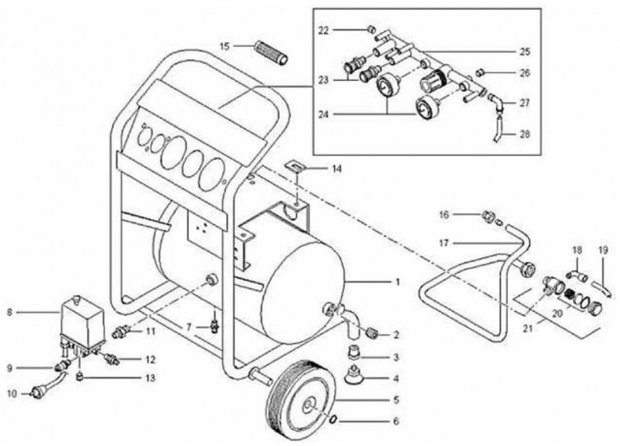 Mobiele werfcompressor hos 10 bar, 20 liter