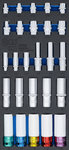 Dopsleutels, zeskant, diep 11 - 22 mm E-profiel E10 - E22 6,3 mm (1/4), 10 mm (3/8), 12,5 mm (1/2) 26-dlg