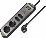 Hoekaansluitdoosstrook met usb laadfunctie 4-weg 2x b eschermend contactdoos & 2x euro zilver zwart