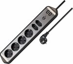 Hoekaansluitdoosstrook met usb laadfunctie 6-weg 4x b eschermend contactdoos & 2x euro zilver zwart