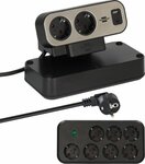 Duplex stekkerdoos met overspanningsbeveiliging, 1x usb c, 1x usb a, 9x contactdozen, zilver zwart
