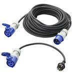CEE set met verlengkabel 20M 3x1,5mm en verloopkabel 40cm van Schuko stekker naar CEE in opbergtas