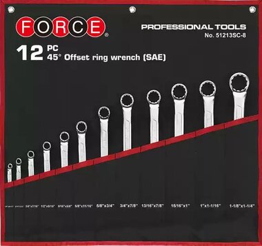 Offset ringsleutelset 45° 12-delige (in stoffen zak) (SAE)