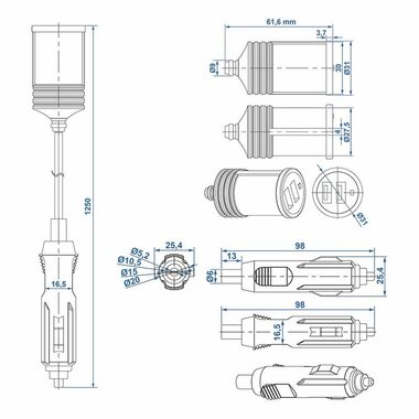 Verlengkabel 1M met USB lader 2-weg type A 12V/24V